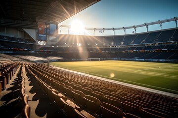 A photo of a sunlit professional soccer stadium. Generative AI