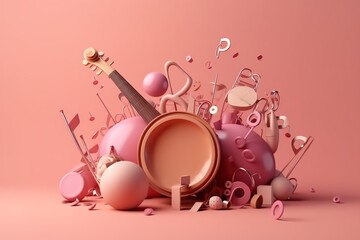 3D rendered illustration of musical instruments and flying music notes isolated on a pink background. Generative AI