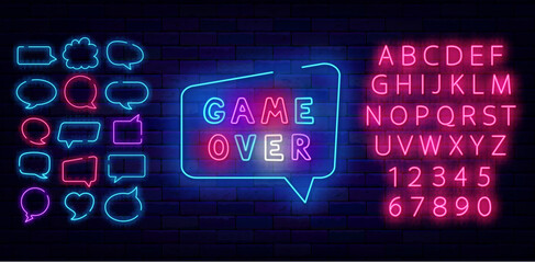 Wall Mural - Game over neon sign. Colorful handwritten text. Speech bubbles frames set. Loss inscription. Vector illustration