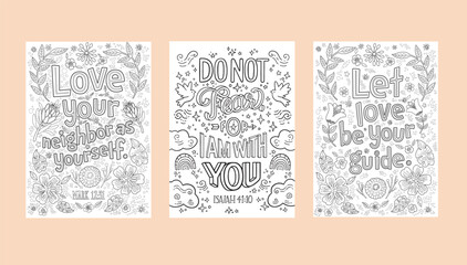 Set of Christian religious coloring pages for children and adults. Bible verses. Emotional support during crisis times. Printable lettering illustration, modern typography. Adult coloring, hobby.