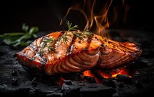 Tasty roasted salmon steak cooking on the black stone with flames Generative AI
