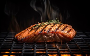 Wall Mural - Tasty roasted salmon steak cooking over the grill with flames Generative AI