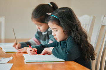 Sticker - If we work quickly we can play. two sisters completing their homework together.