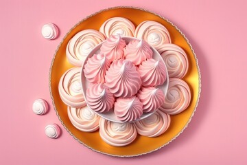 Wall Mural - Exposed from above cake, biscuit, and candy in a pink box, served on a pink dish. Generative AI