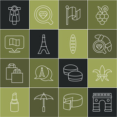 Wall Mural - Set line Triumphal Arch, Fleur De Lys, Coffee cup with croissant, Flag France, Eiffel tower, Scooter and French baguette bread icon. Vector