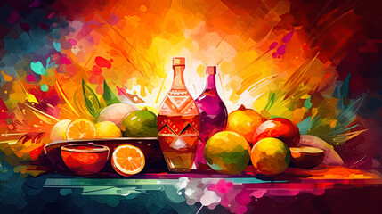 Wall Mural - Abstract illustration of fruits, vegetables and drinks in mexican style. Generative Ai