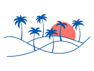 Wall Mural - line landscape outline with palm trees and rising sun on a white background. summer tropical landsca