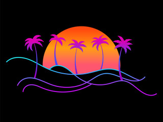 Wall Mural - line landscape outline with palm trees and rising sun on a black background. summer tropical landsca