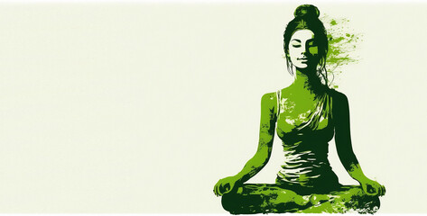 21 June- international yoga day, green woman in lotus yoga pose with copy space for text, Generative ai