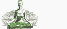 21 June- International Yoga Day, Green Woman In Lotus Yoga Pose With Copy Space For Text, Generative Ai