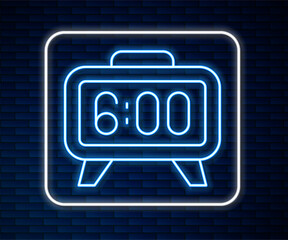 Poster - Glowing neon line Digital alarm clock icon isolated on brick wall background. Electronic watch alarm clock. Time icon. Vector