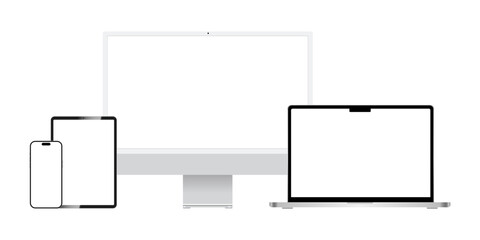 Aufkleber - Realistic mockups of devices on isolated background. Vector set of phone, tablet, laptop and computer. Empty screen mock-up, silver design. Vector EPS 10