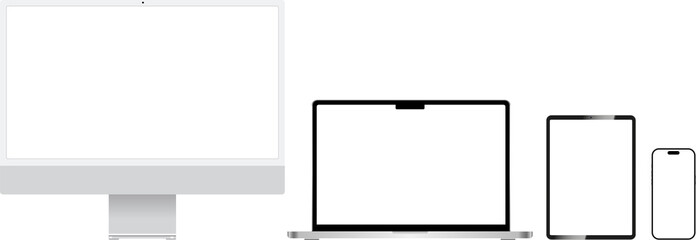 Aufkleber - Realistic mockups of devices on transparent background. Vector set of phone, tablet, laptop and computer. Empty screen mock-up. PNG image