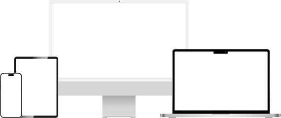 Aufkleber - Realistic mockups of devices on transparent background. Vector set of phone, tablet, laptop and computer. Empty screen mock-up. PNG image