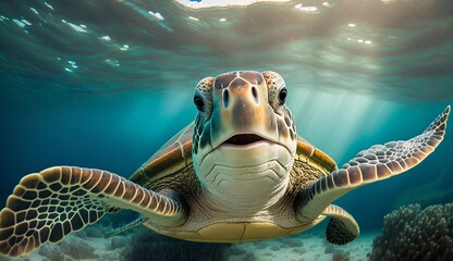 Portrait of a happy sea turtle swimming underwater. Generative AI