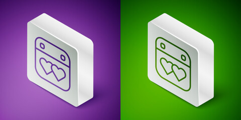 Poster - Isometric line Calendar with heart icon isolated on purple and green background. Valentines day. Love symbol. February 14. Silver square button. Vector