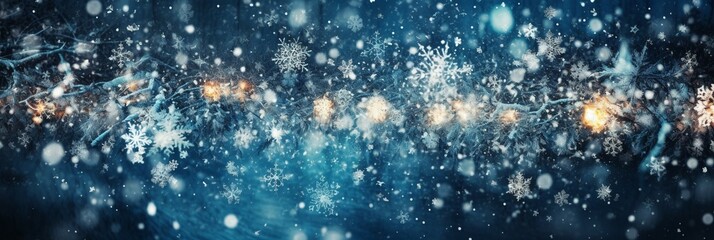Wall Mural - Art Christmas Lights and falling snow on blue background. Christmas banner design. AI generative
