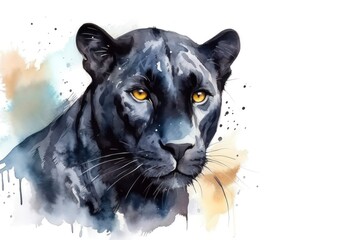 Wall Mural - Watercolor portrait of a black panther on white background. Generative AI.