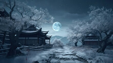 Landscape With Snow House In The Eastern Village. Fabulous Night View With Full Moon. Winter Wonderland With Footprints In The Snow. Generative AI