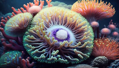 Canvas Print - Anemones and corals in a saltwater tank. Generative AI