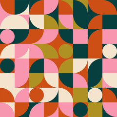 Wall Mural - Retro geometric aesthetics. Bauhaus and avant-garde inspired vector background with abstract simple shapes like circle, square, semi circle. Colorful pattern in nostalgic pastel colors.