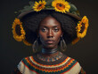 © stock_santa - Black woman in traditional urkainian clothes with sunflowers in her heair, generative ai image