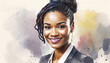 Black cheerful businesswoman smiling face watercolor portrait, generative ai art