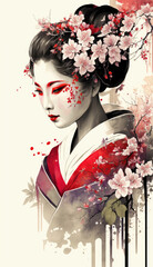 Japanese girl in kimono with pink sakura flowers, watercolor generative ai geisha art