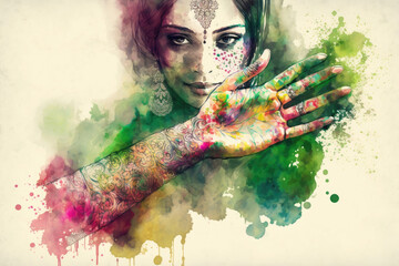 Holi celebration concept watercolor art, indian woman with hand in colorful paints Generative AI 