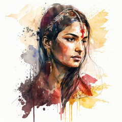 Attractive indian woman in traditional indian clothing, Generative AI watercolor art