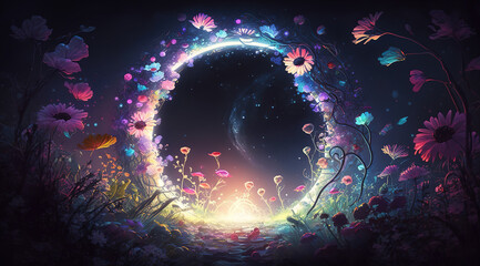 Wall Mural - a scifi illustration of a warp portal in space, field of flowers, generative ai technology