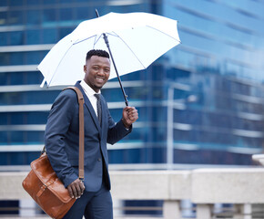 Poster - Im prepared for any weather. a young businessman holding an umbrella in the rain against a city background.