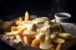 hot and tasty french fries with cheese and mayonaise isolated on black background. Generative Ai