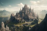 Fototapeta Londyn - Futuristic landscape atop hill with grand fortresses and towering peaks. Generative AI