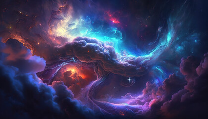 a beautiful landscape in space with a lot of colorful clouds, galaxy theme, generative ai technology