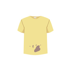 Wall Mural - Yellow t-shirt with muddy stain, flat vector illustration isolated on white background.