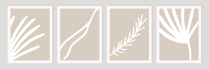 Aufkleber - Set of abstract organic shapes, leaves, lines and textures in white on neutral nude and beige background. 
Pattern in minimalist style. Modern contemporary art in white. Vector illustration.