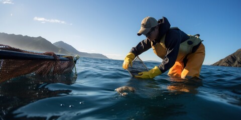 a marine biologist releasing tagged fish back into the ocean, contrasted against a research-focused 