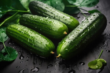 Fresh wet cucumbers, tasty juicy vegetable closeup organic cucumber background