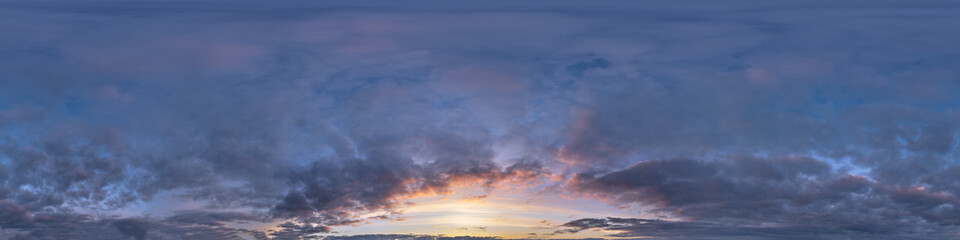 Wall Mural - 360 panorama skydome with evening clouds after sunset as seamless panoramic view in spherical equire