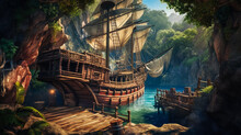 A Forgotten Pirate Ship Docked At A Hidden Cove, Surrounded By Lush Tropical Jungle. Generated AI