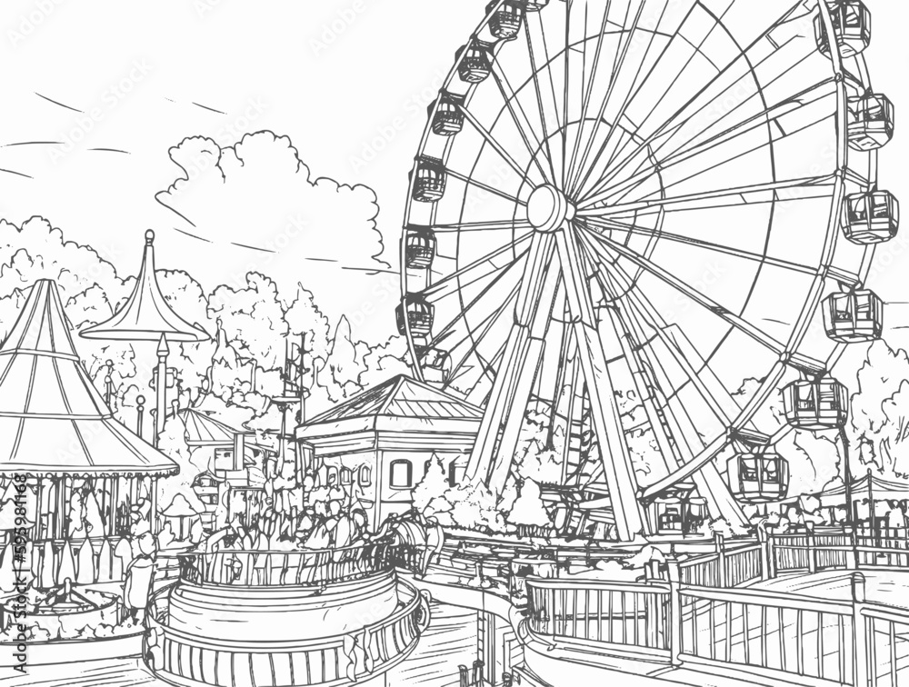 Amusement park with ferris wheel vector coloring book black and white ...