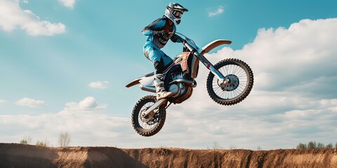 Wall Mural - extreme biker making a stunt and jumps in the air by ai generative