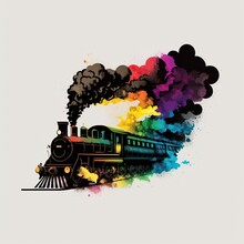 A Colorful Train With A Black Engine Is Going Down The Tracks. Retro Train Watercolor Style Isolated On White Background. Vintage Train On Rails, Journey. Postcard, Book, Poster, Banner. Generative AI