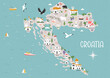 Colorful cartoon map of Croatia with famous cities, must-see attractions.