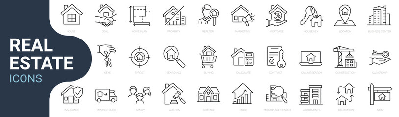 set of line icons related to real estate, property, buying, renting, house, home. outline icon colle