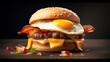 breakfast, Bacon and eggs in pan, product and cheese burger with fresh milk photography. Goodmorning light wiht breakfast burger, Generative AI, illustration.