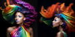 Afroamerikanische Frau in Designer Mode und poppiger bunter Haar Frisur, Gesicht Nahaufnahme im Porträt, ai generativ