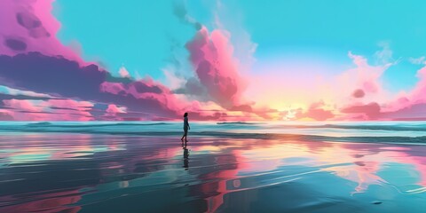 Wall Mural - landscape morning on the beach by the sea sunrise pink clouds by ai generative