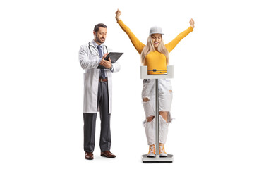 Poster - Doctor writing a document and young female student standing on a weight scale and gesturing happiness